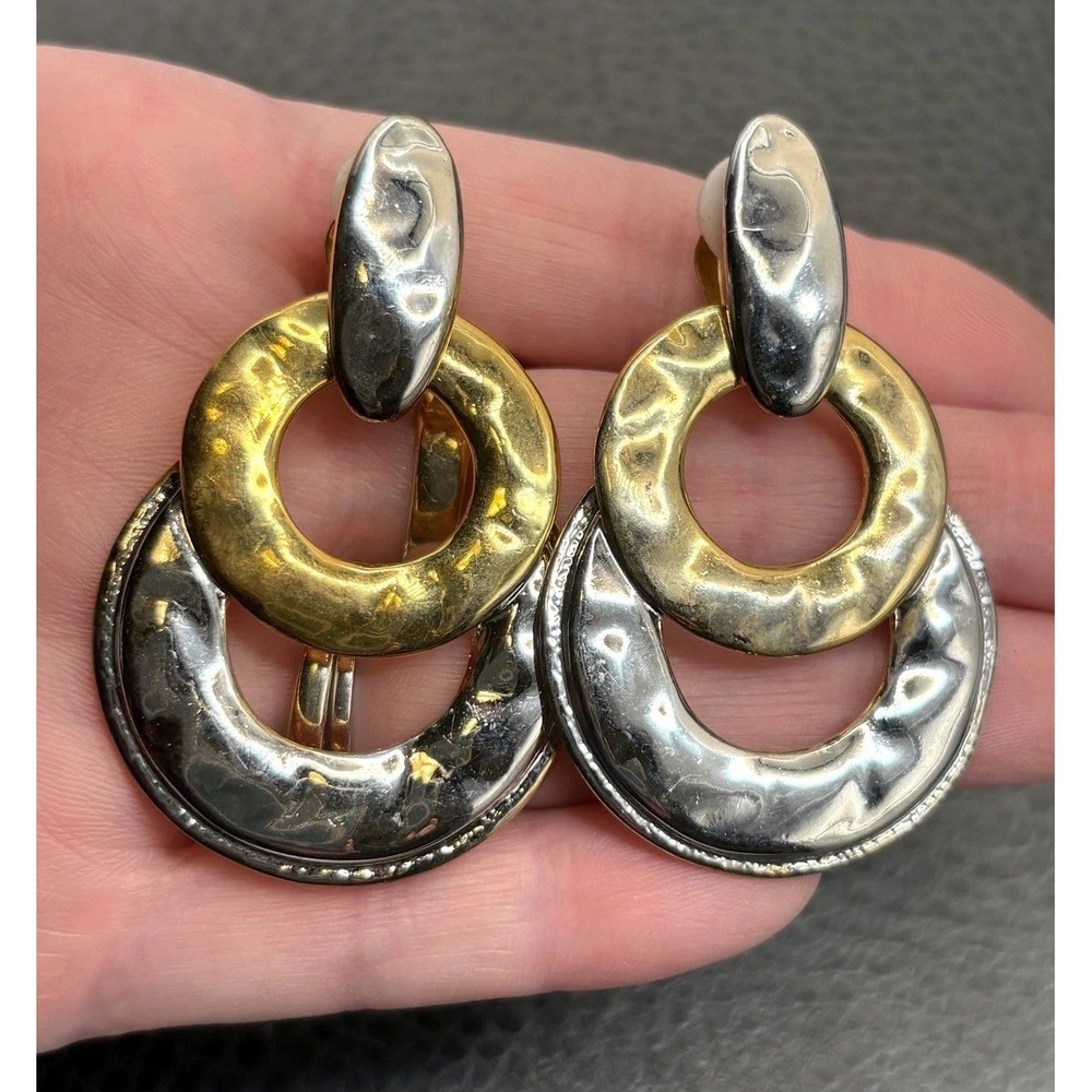 VTG 80s Huge Two Tone Hammered Hoop Door Knocker Clip Earrings Silver Gold Tone